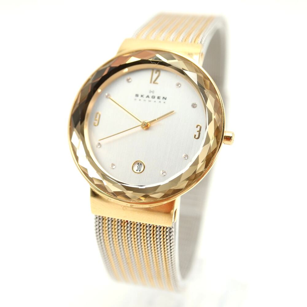 Skagen Slim Two Tone Date 35mm Unisex Watch Steel Mesh Crystal Bezel New Battery